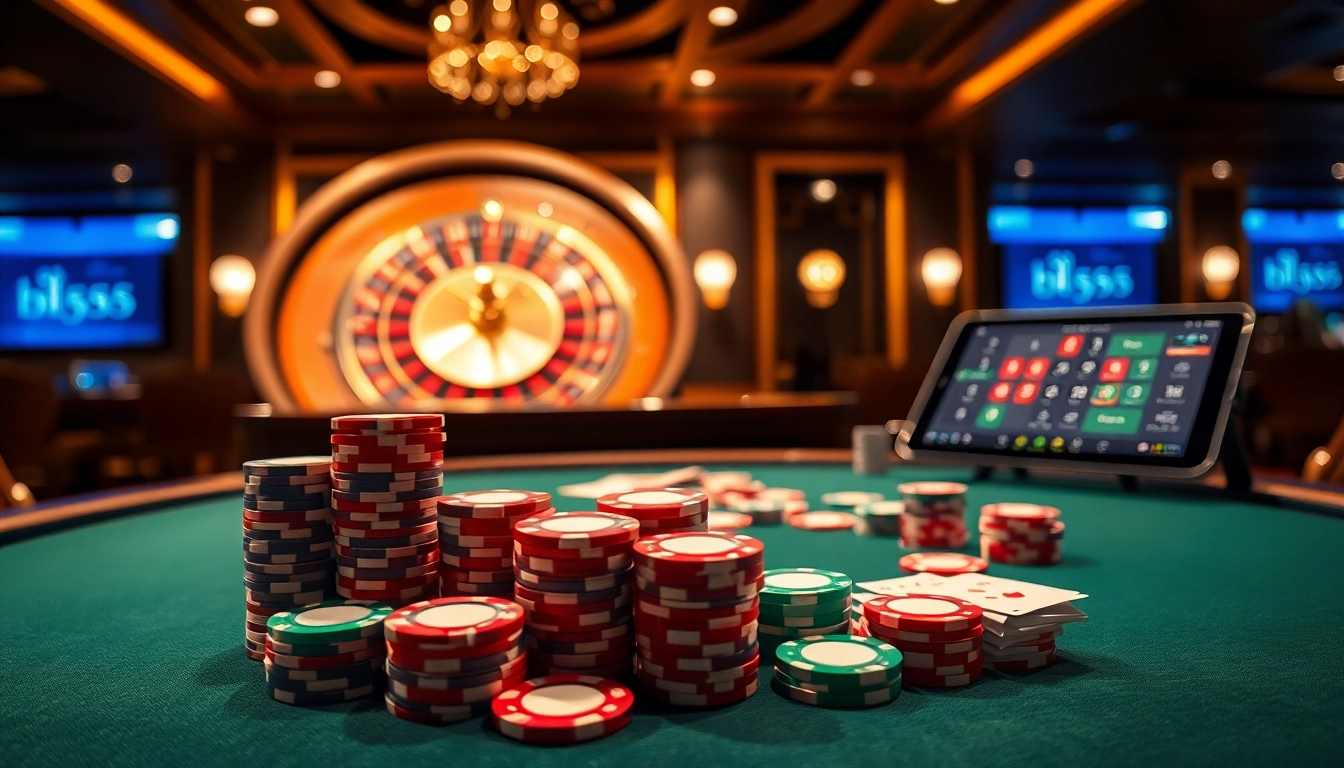Engage in thrilling gaming at Bl555 with vibrant poker chips and a spinning roulette wheel.