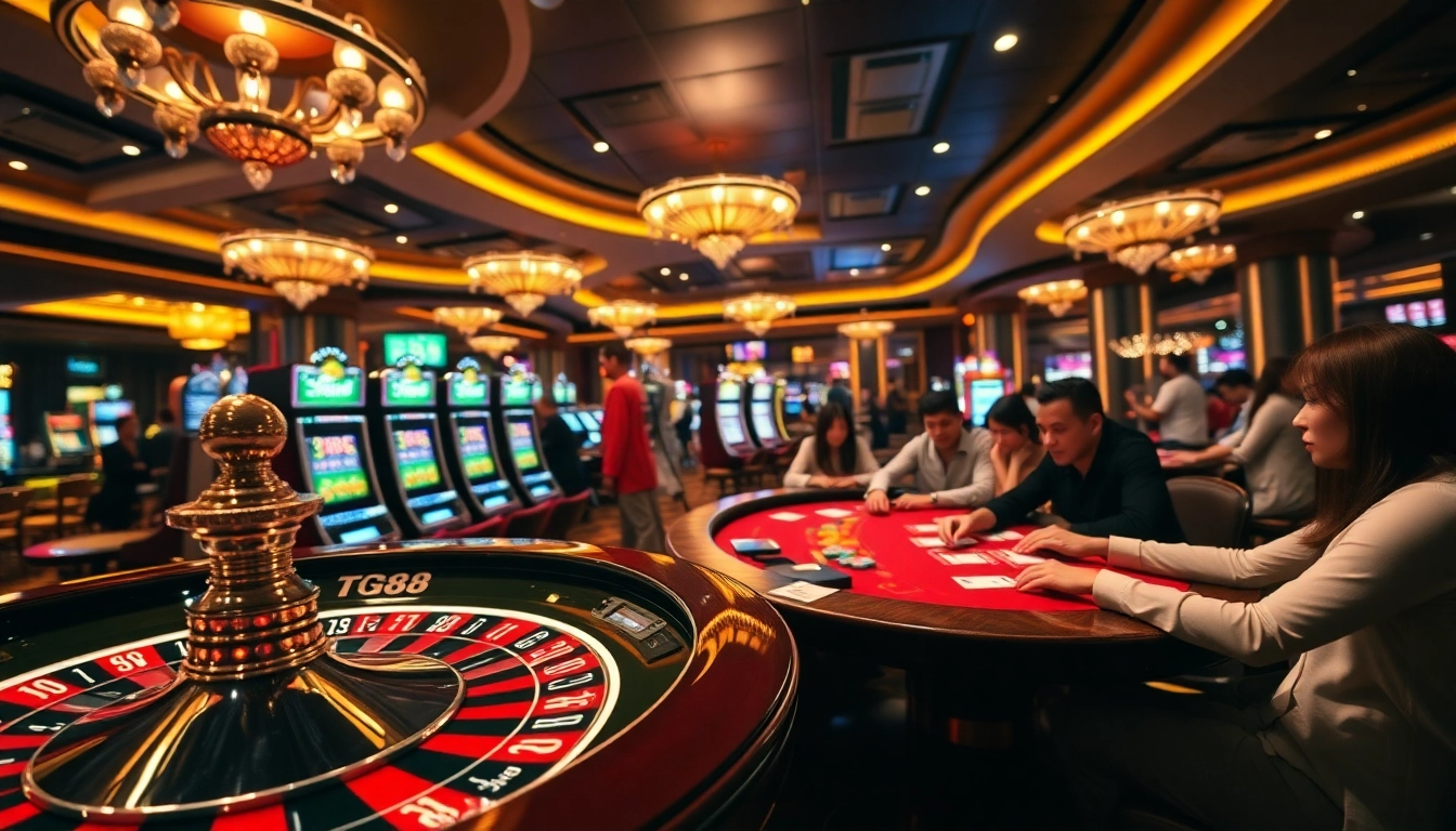 Players enjoying high-stakes games at TG88 casino, with vibrant roulette and slot machines.