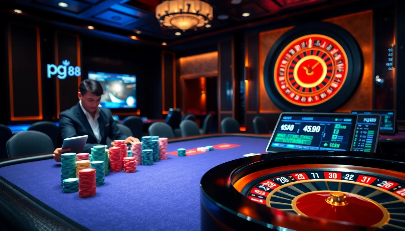 Experience the excitement of pg88 online gambling with a professional poker table and roulette wheel.