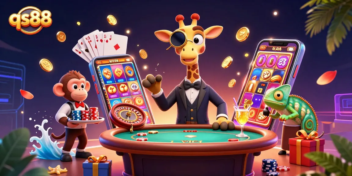 Experience exciting gaming at qs88 with a high-roller giraffe, monkey valet, and chameleon bartender!