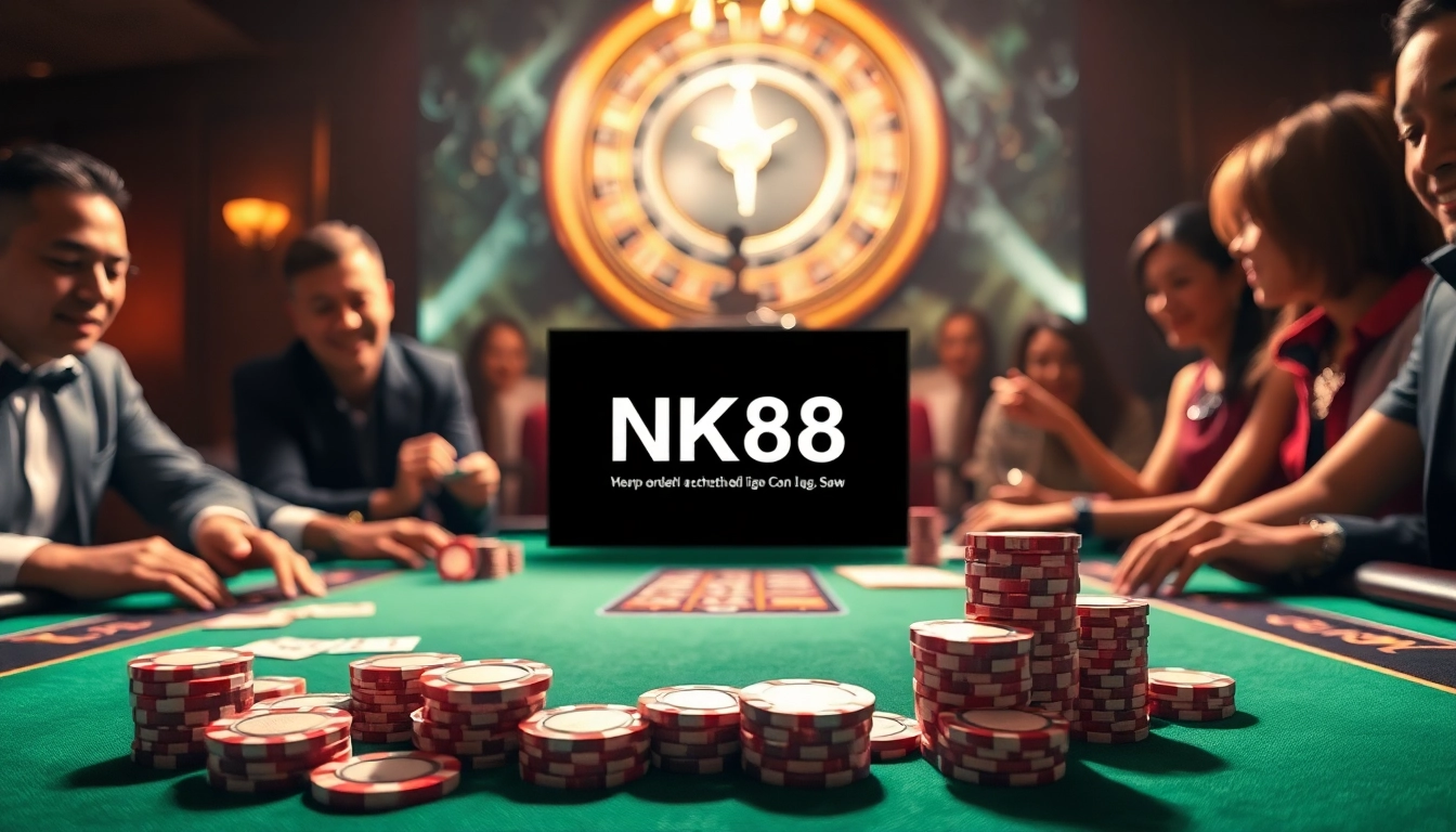 Excited players engage in a high-stakes poker game at NK88 casino, showcasing vibrant chips and cards.