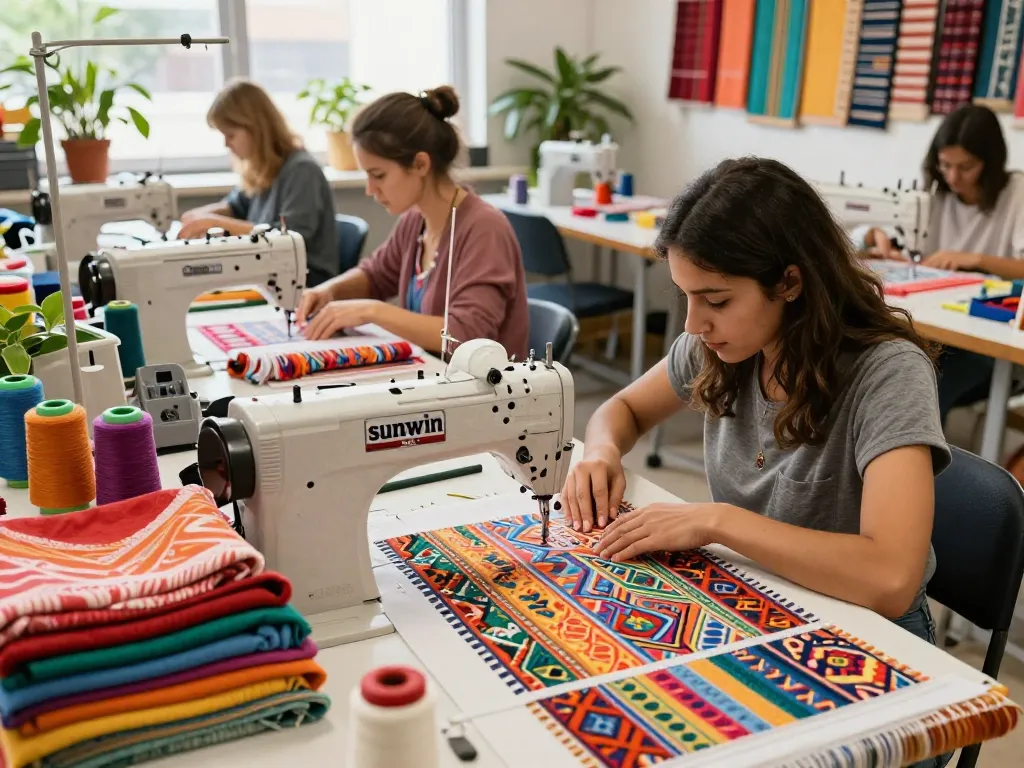 Sunwin textile artisans innovating vibrant patterns in a colorful workshop.