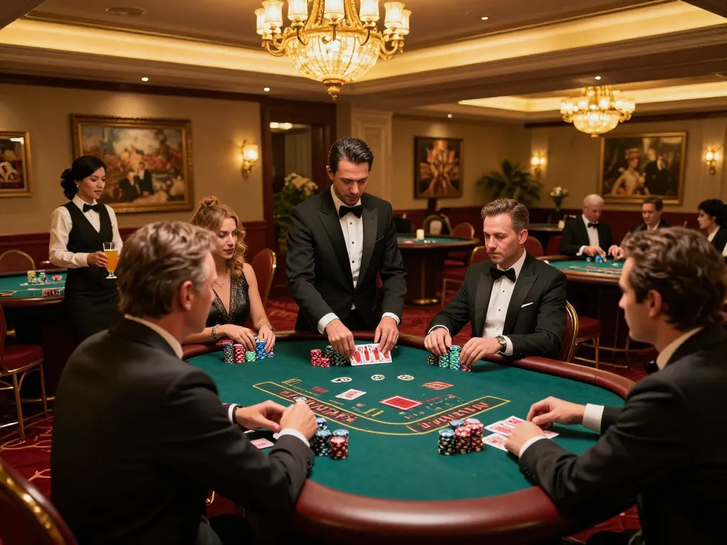 SOC88 players strategically engaging in blackjack at an elegant casino, vibrant atmosphere with warm lighting and high-stakes gameplay.