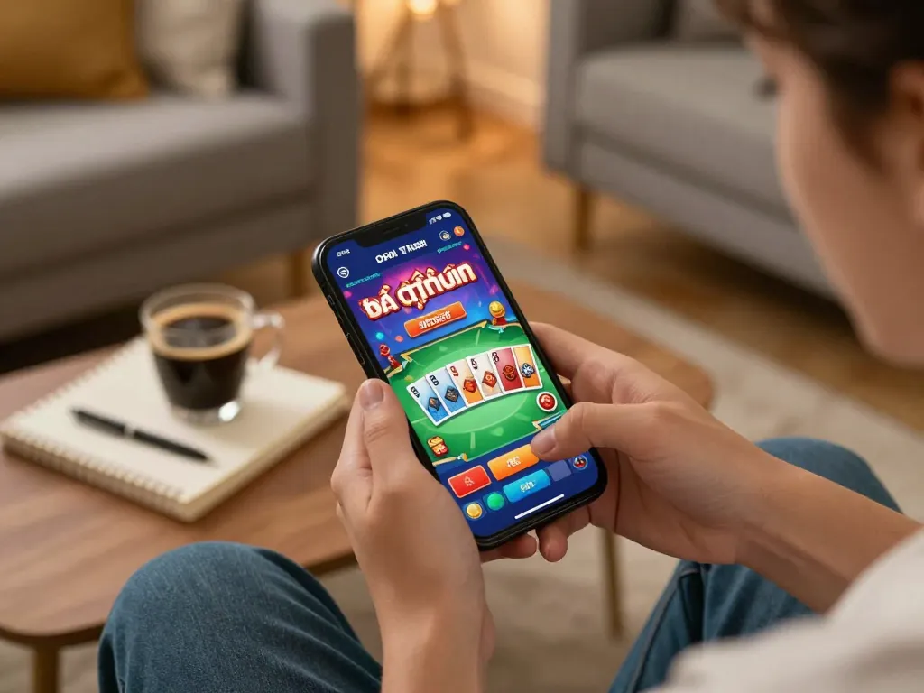 Engaged player experiencing game bài đổi thưởng on mobile app, showcasing vibrant game interface.