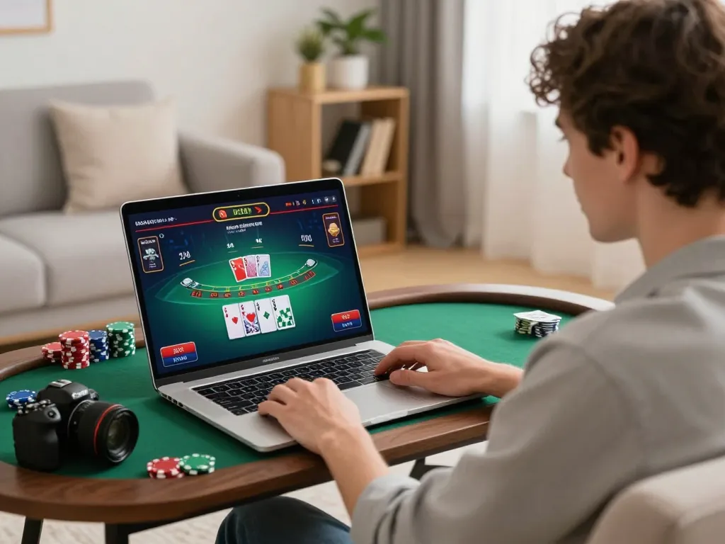 Player enjoying U888 live dealer blackjack online while strategizing in a cozy home setting.