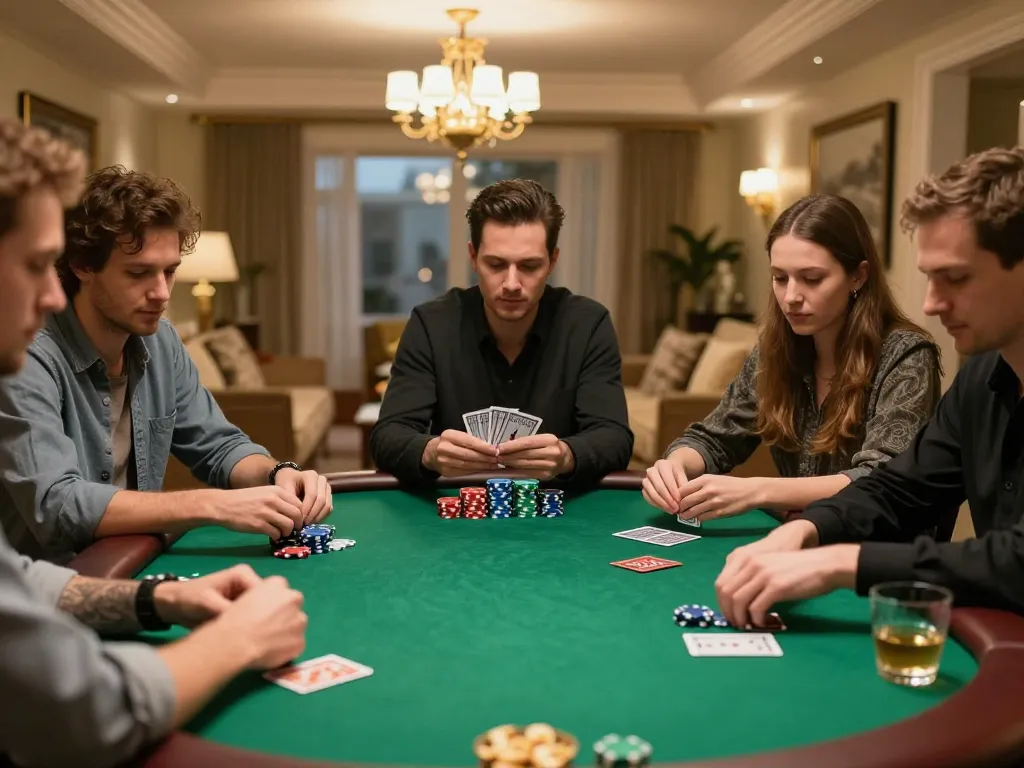Engaged players competing in a thrilling poker night using 79king bet strategies, surrounded by chips and drinks.