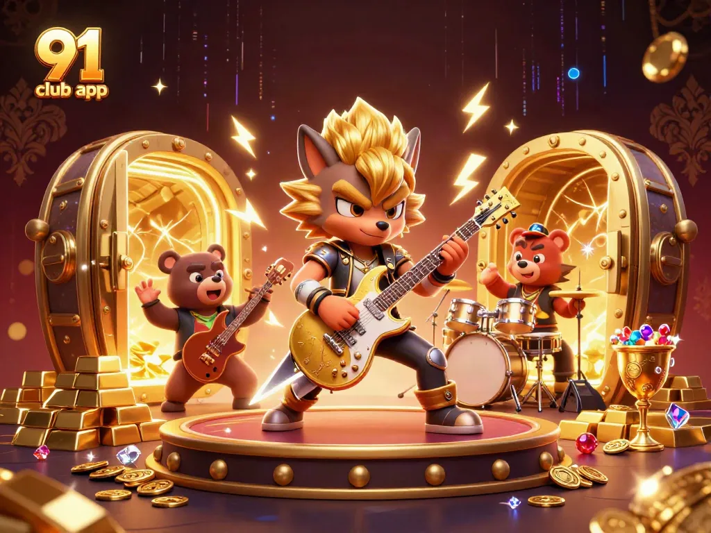 Engage with the thrilling 91 club app featuring animated characters on a vibrant casino stage filled with treasures.