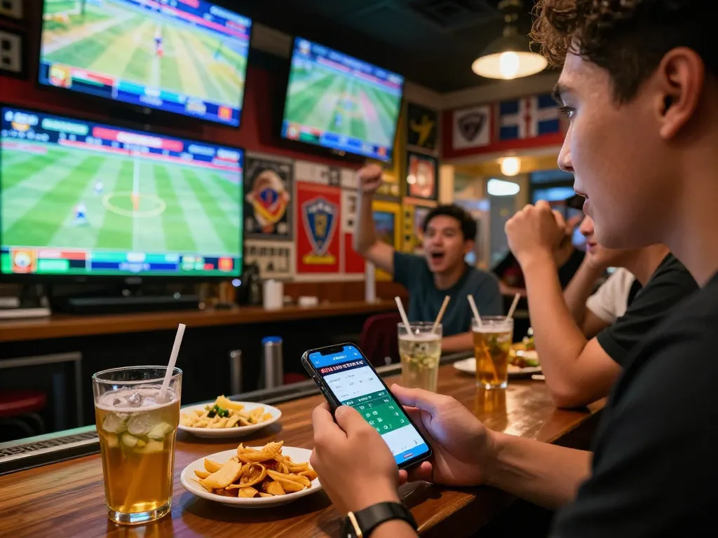 Engaged bettor checking keo nha cai odds on smartphone during an exciting sports event.