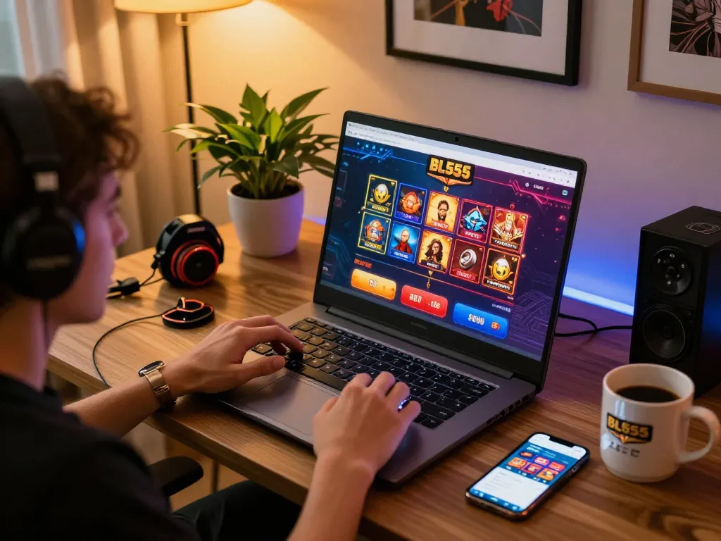 Engaging in online casino gaming at BL555, showcasing vibrant gameplay on a laptop