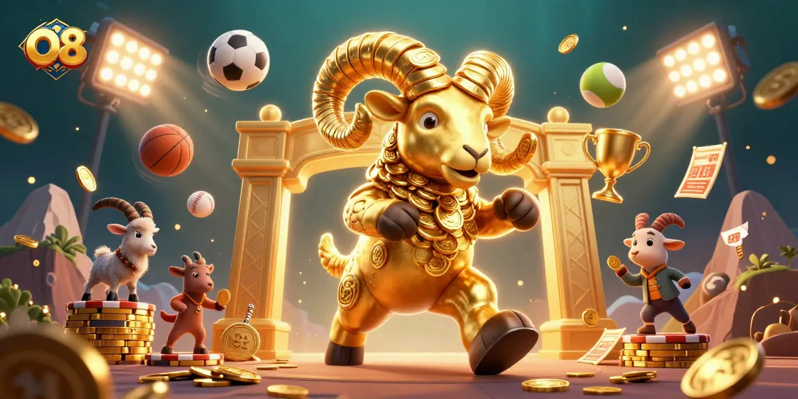 Join the excitement at O8's vibrant 3D casino scene filled with sports elements and golden charm.
