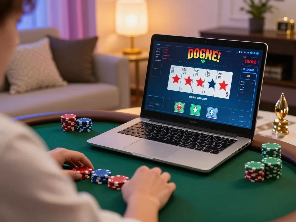 Player enjoying poker online at home with nhà cái 98win displayed on laptop screen