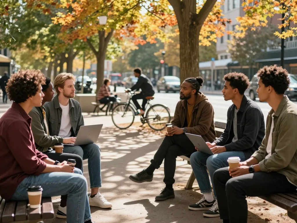 Men in a park discussing personal growth at Manclub gathering.