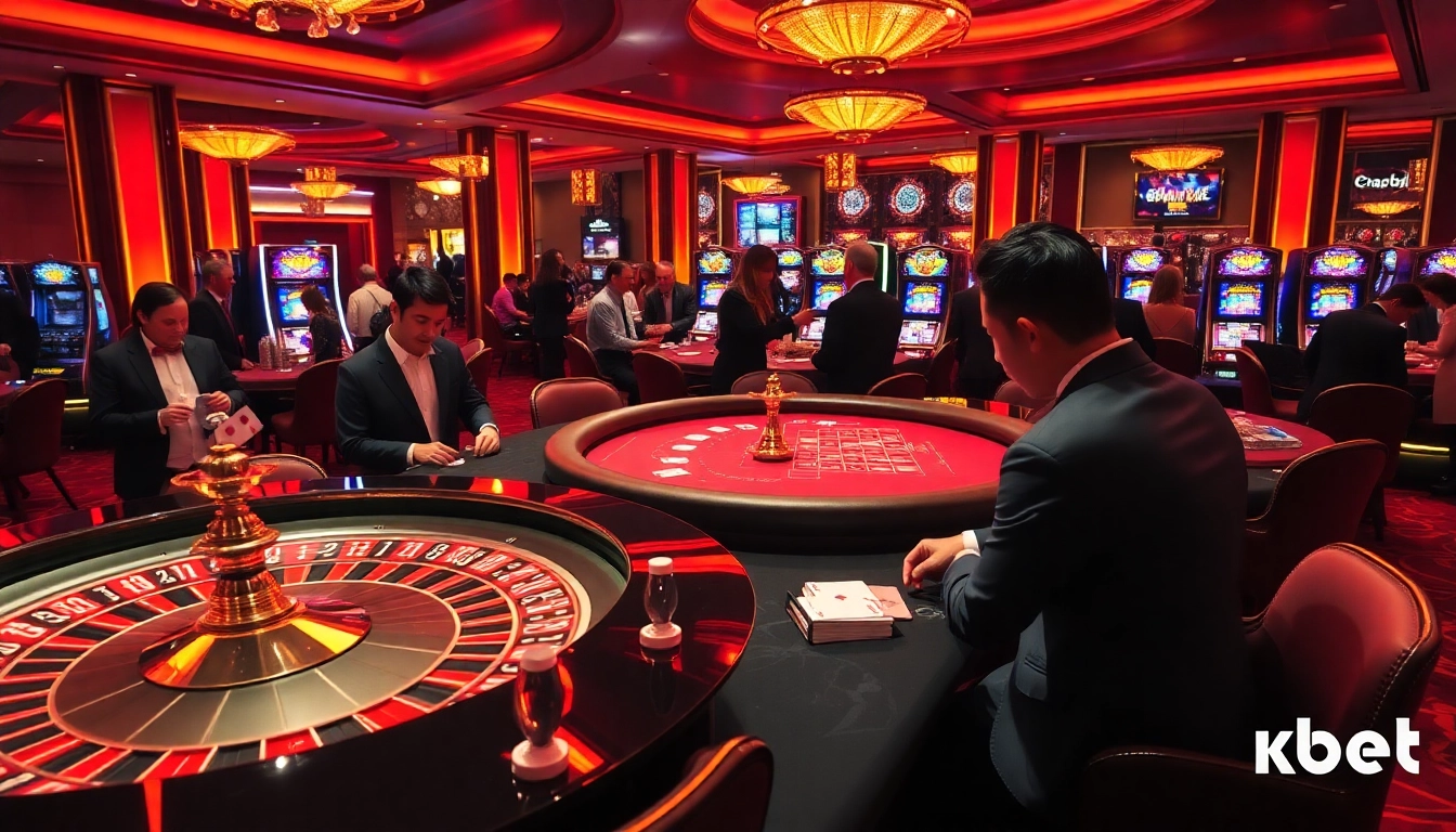 Experience the thrill of betting at 8kbet with vibrant casino visuals showcasing poker tables and roulette wheels.