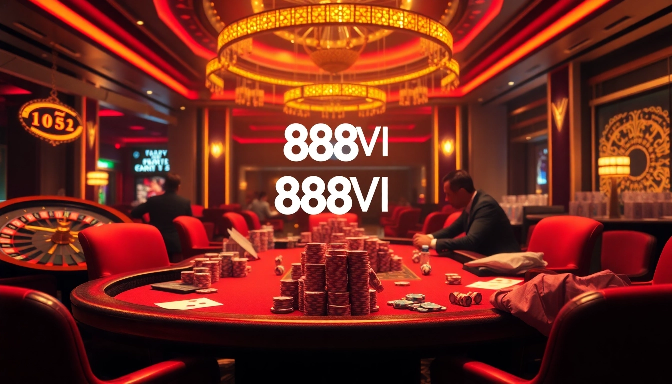 Experience thrilling gaming at 888VI's vibrant casino atmosphere with engaging players and rich decor.
