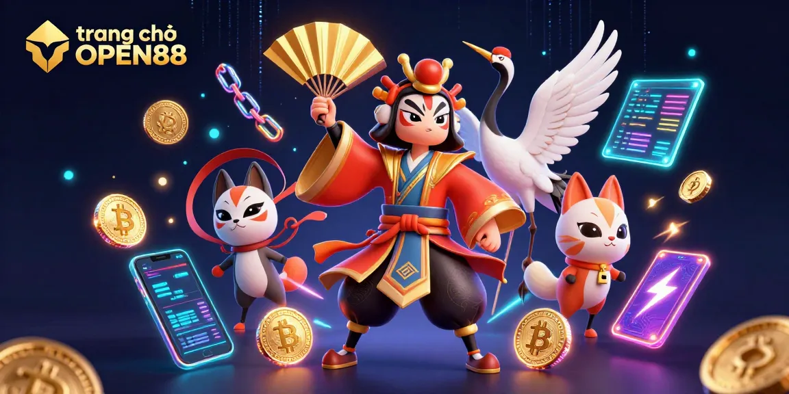 Engage with trang chủ OPEN88 featuring elaborate kabuki warrior and glowing cryptocurrencies in a vibrant casino scene.