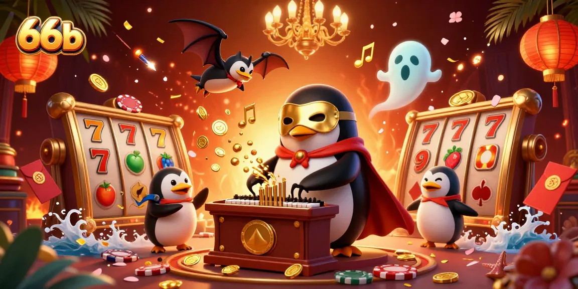 Engage with a lively casino scene featuring a 66b penguin organ player amidst vibrant slot elements and festive decor.