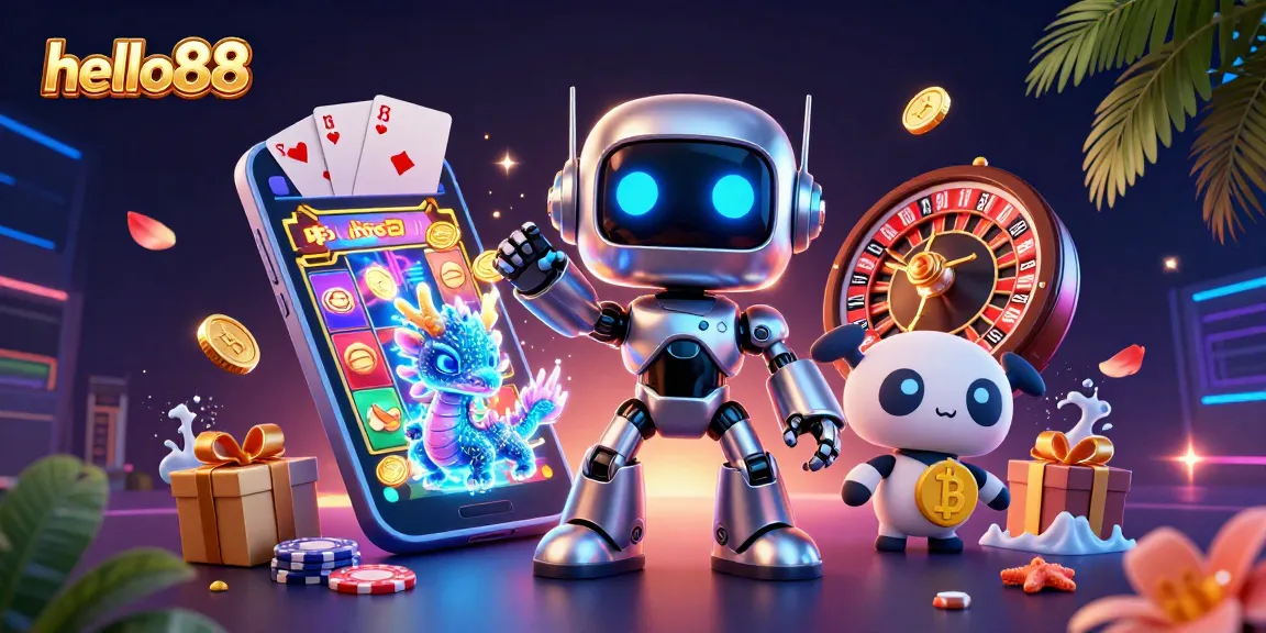 Spin and win at hello88 with the gaming robot and AI dragon in a vibrant casino scene.