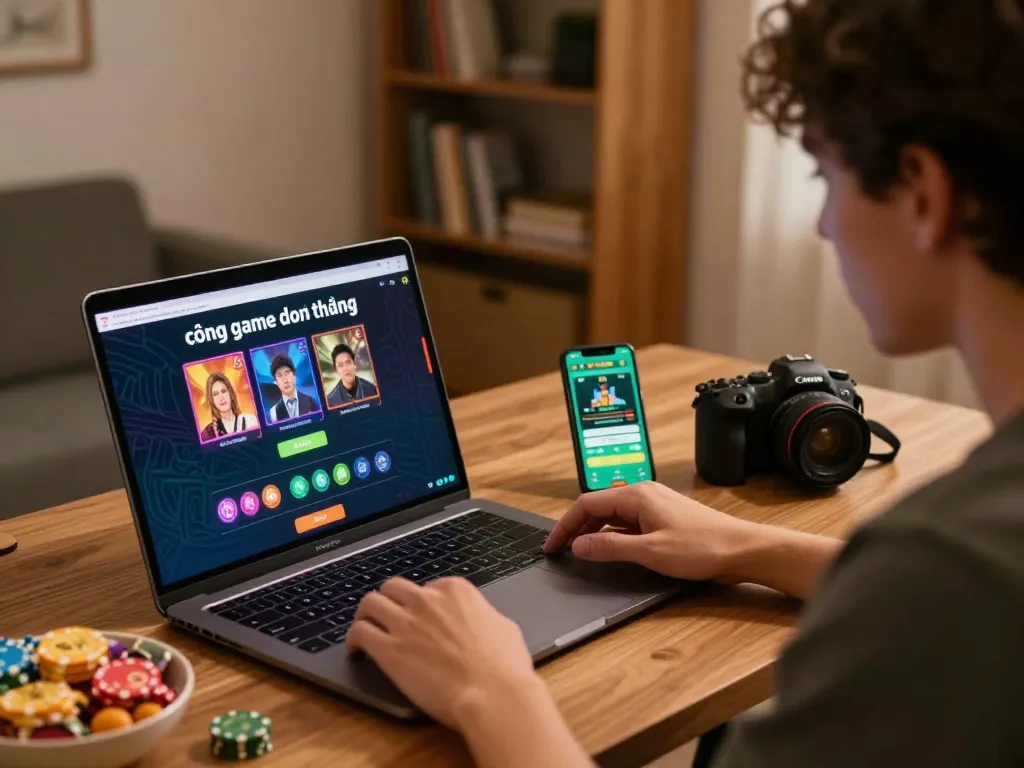 Engaging in the latest cổng game đổi thưởng at home with warm ambiance and gaming strategy visible.