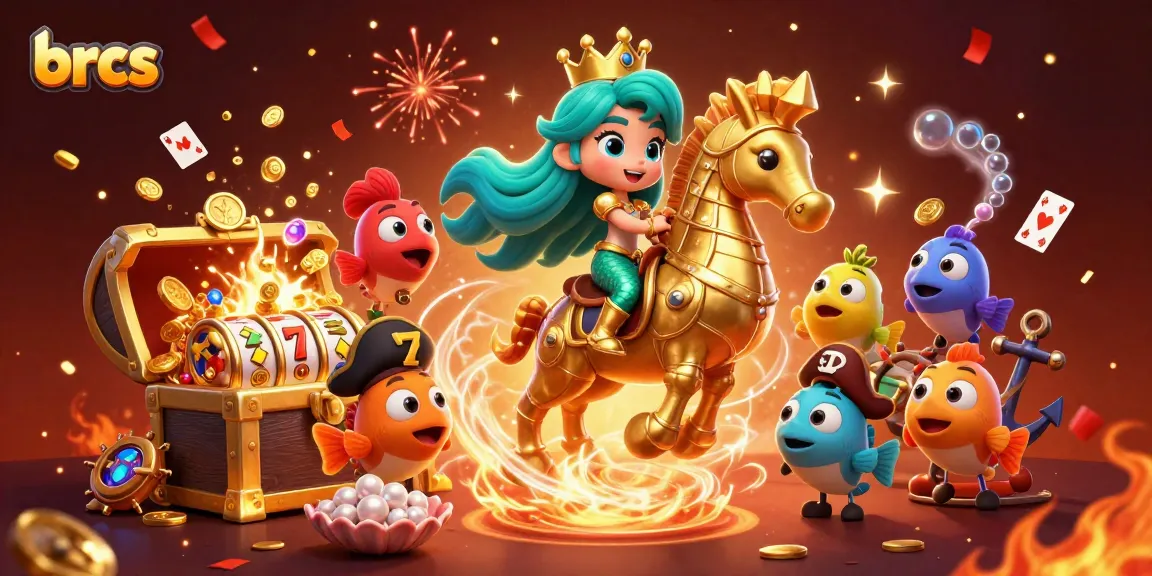 Engage with brcs as you spin slot reels and catch a mermaid princess in this vibrant casino scene.