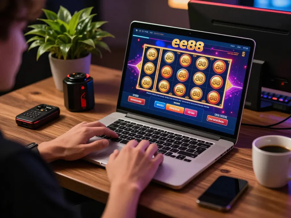 Engaging with ee88 online casino on a laptop, showcasing gaming interface and responsible gambling.