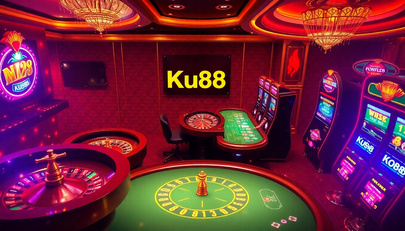 Experience the excitement of Ku88 with vibrant casino games and players engaged at tables.