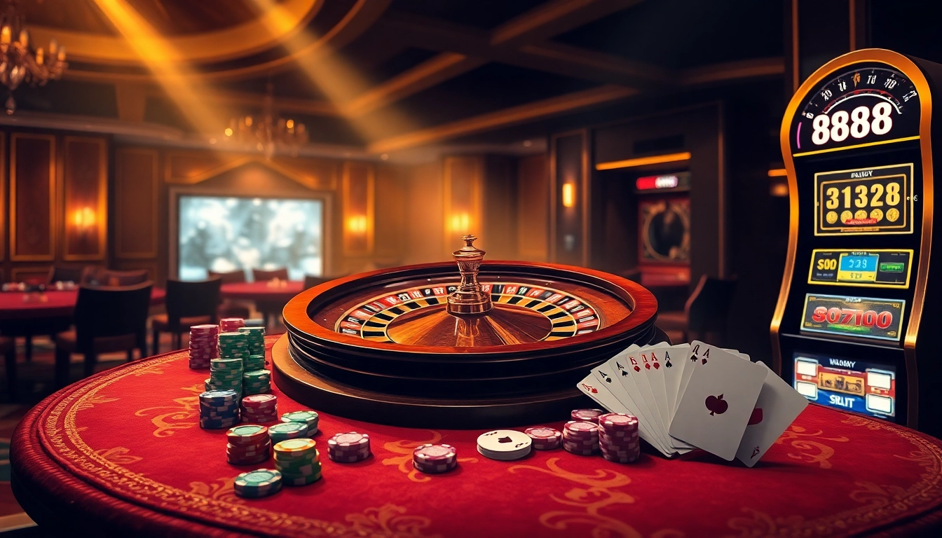 Experience the excitement at 88AA with vibrant poker chips and a glowing roulette wheel.