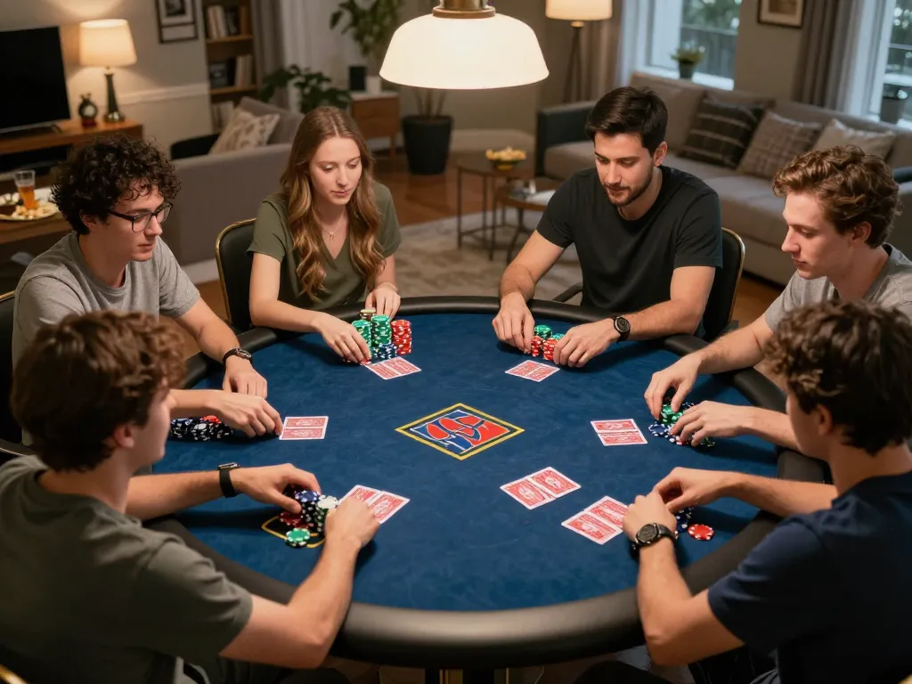 Engaged friends play Texas Hold'em during home poker night, strategizing and enjoying games with sc88 bet elements.