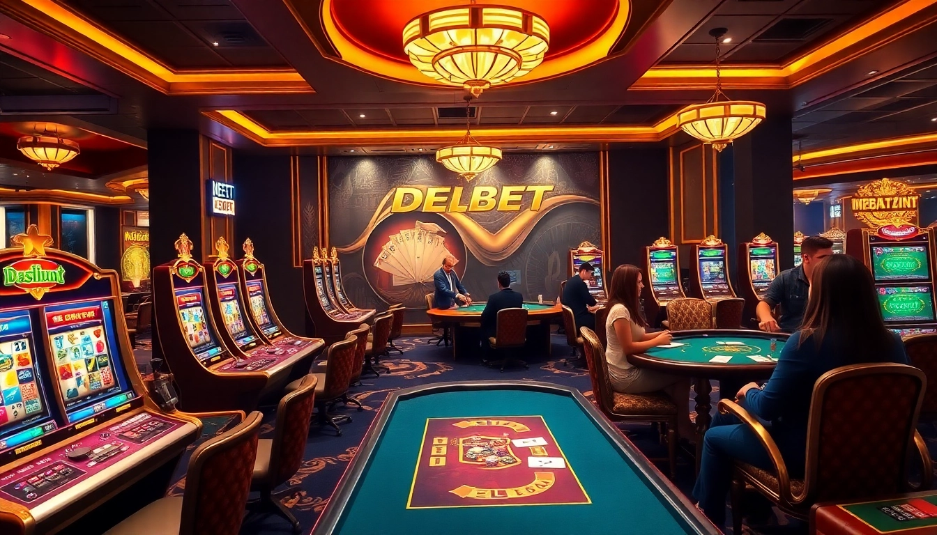 Experience the thrill of Nhà Cái DEBET with dynamic casino tables, chips, and vibrant slot machines.