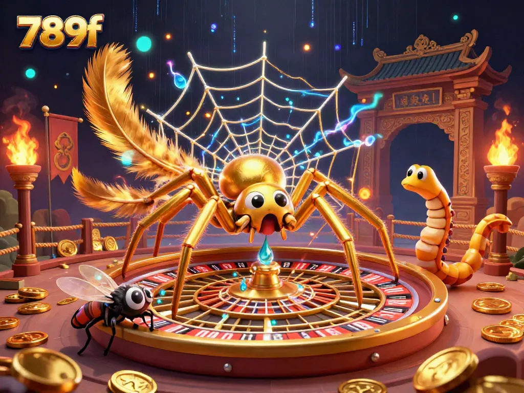 Experience 789f's thrilling bets at a dynamic roulette web spun by a golden spider with unique game visuals.