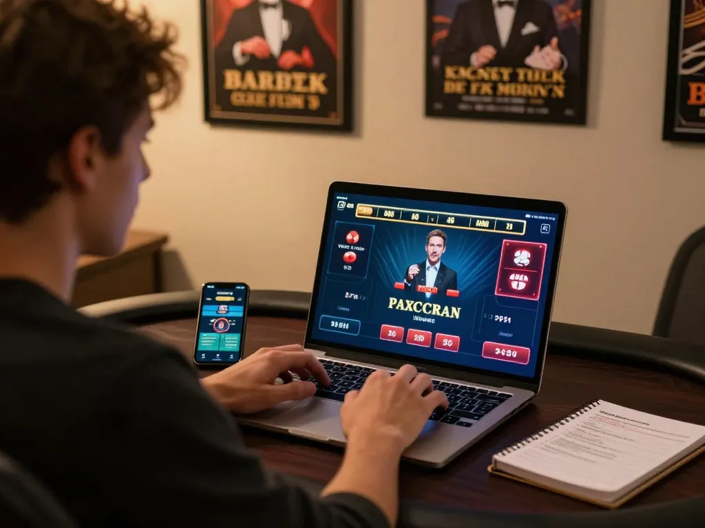 https://go8.agency/ Baccarat game in action on laptop, showcasing online gambling atmosphere