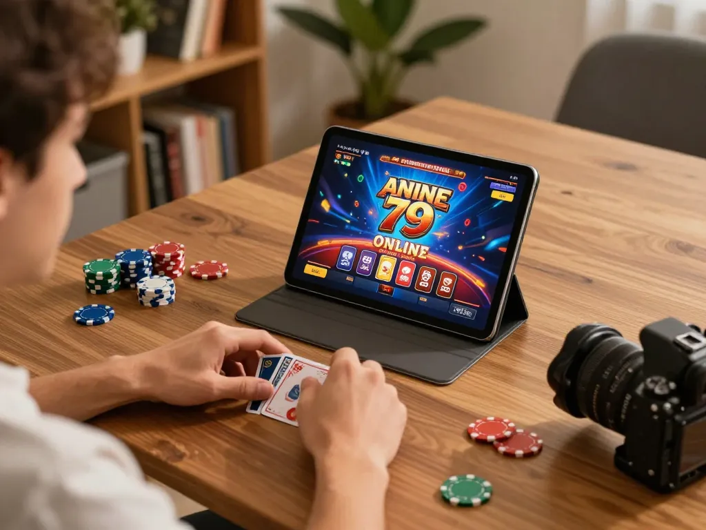 Engaging player strategizing with fun 79 online casino interface during a cozy home gaming session.