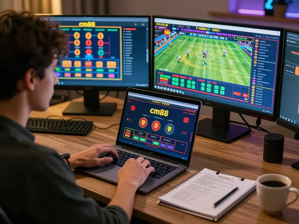 Engaging in cm88 bet on laptop at home, surrounded by strategic notes and gaming screens.