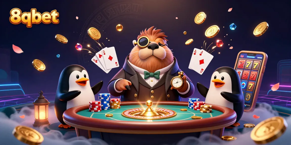 Engage in thrilling 8qbet gaming with a dynamic underwater poker scene featuring whimsical characters.