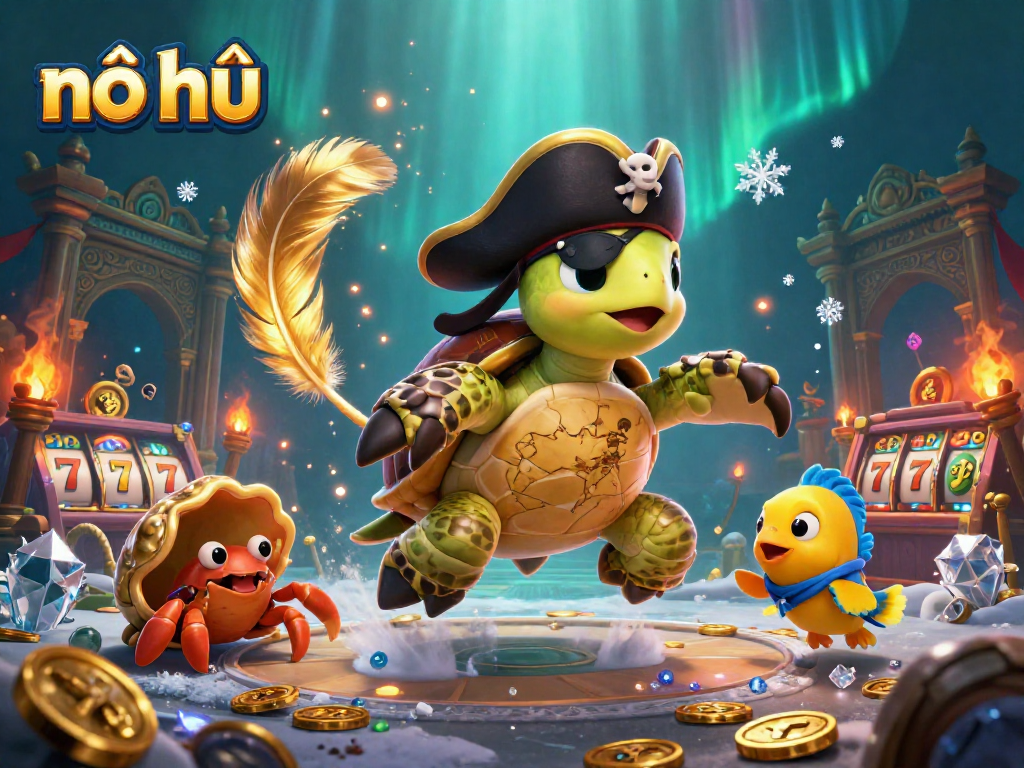 Nổ hũ slots come alive with a 3D turtle pirate, treasure, and vibrant game elements.