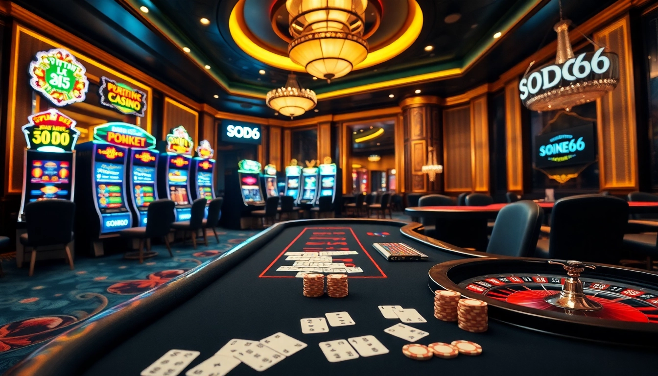 Experience the thrill at SODO66 casino with vibrant poker tables and slot machines.