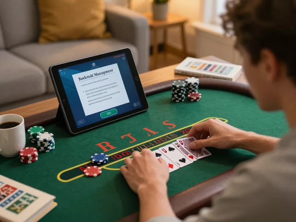 Nohu90 player engaged in blackjack gameplay, showcasing responsible gambling in a cozy home setting.