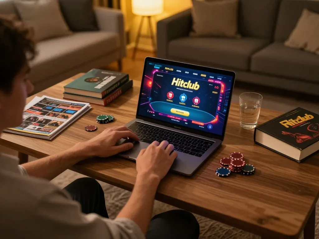 Hitclub player enjoying poker gameplay at home with laptop and strategy books