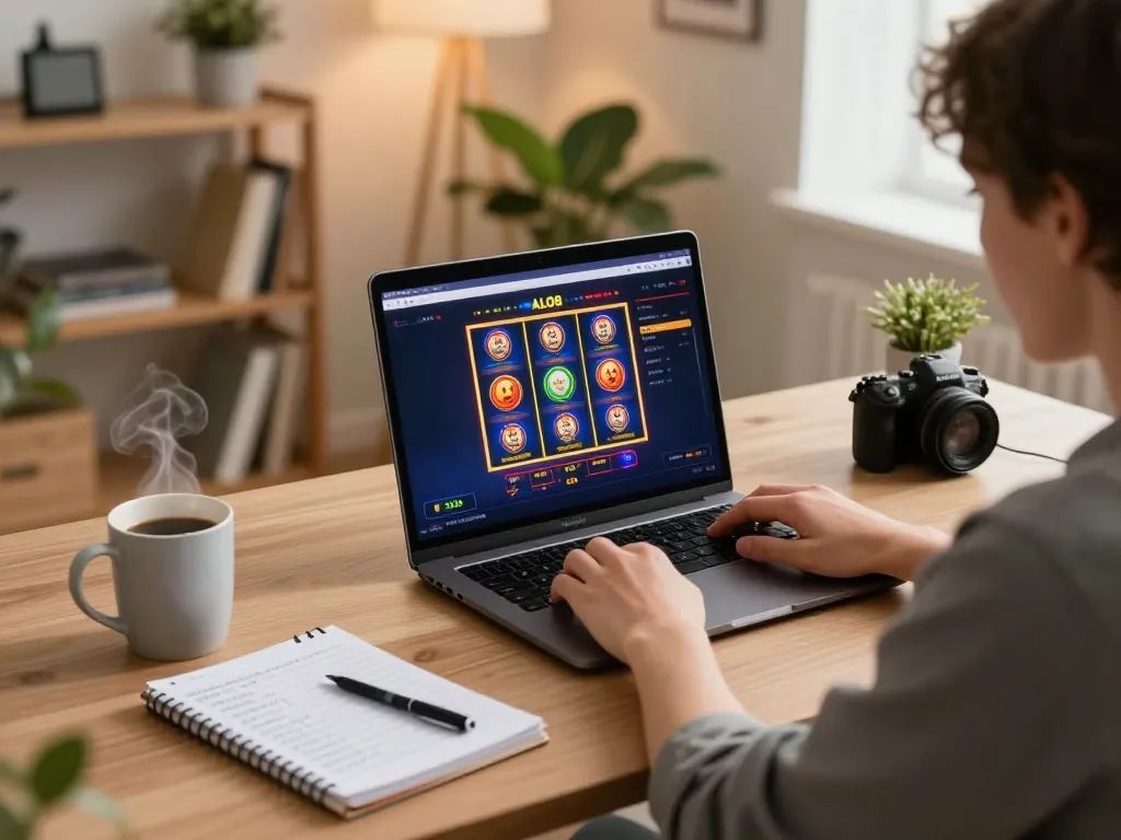 Person enjoying online gaming on ALO8 COM while reviewing casino strategies in a cozy home office