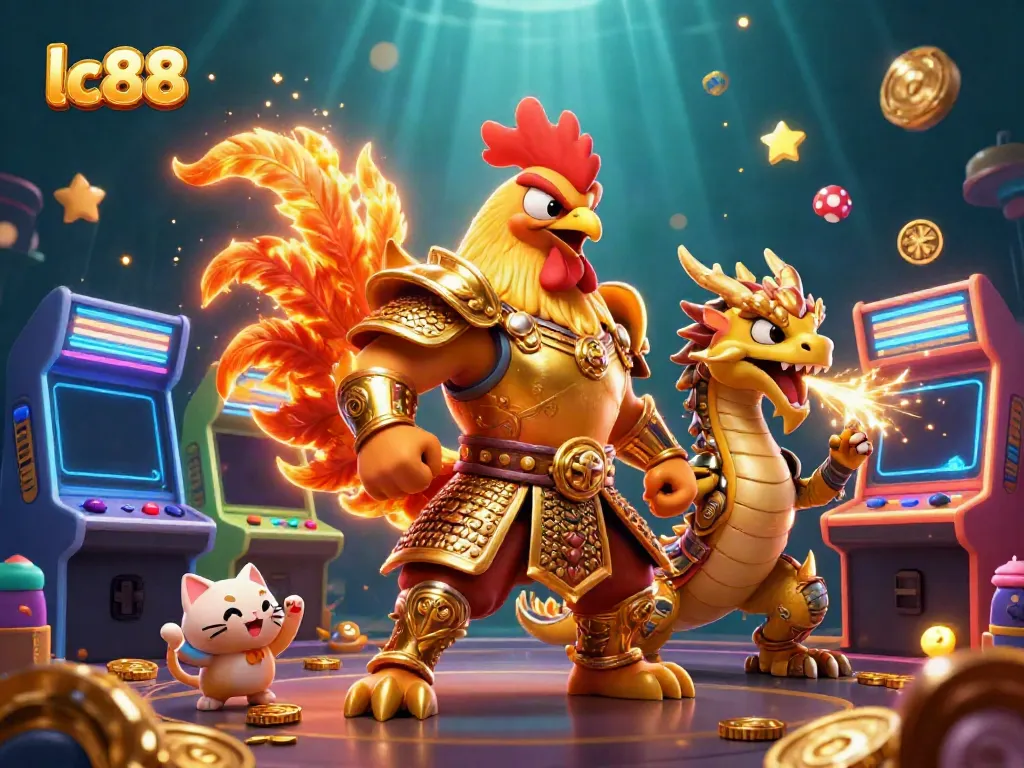 Experience the excitement of lc88 with a dynamic casino game scene featuring a rooster warrior and dragon hatchling.