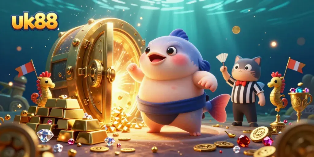 Enjoy thrilling action at uk88 with a festive underwater casino scene brimming with excitement.