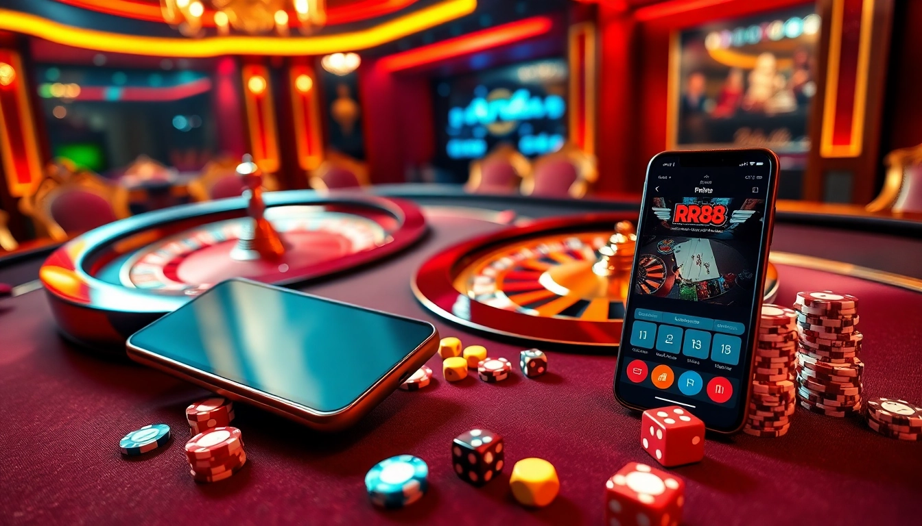 RR88 players enjoying an exciting online casino experience with poker chips and dice.