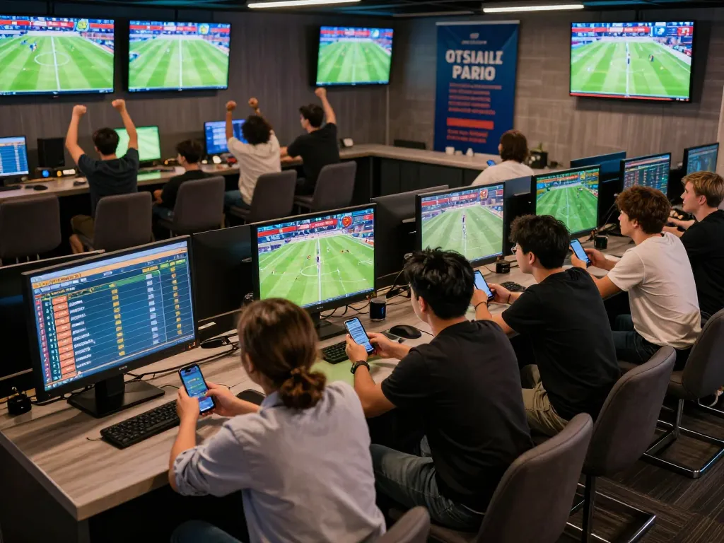 Engaged fans celebrating football results while placing bets in a vibrant sports betting lounge.