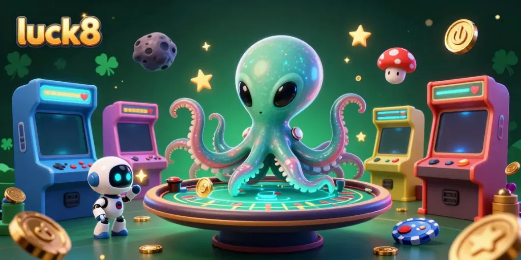 Experience thrills with luck8's alien octopus at a vibrant poker scene, showcasing excitement and engagement.