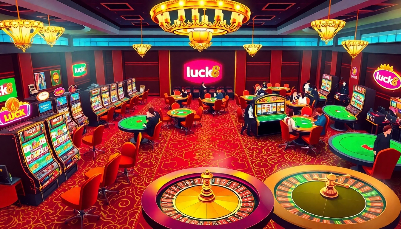 Action-packed scene at luck8 casino featuring vibrant slot machines and engaged poker players.