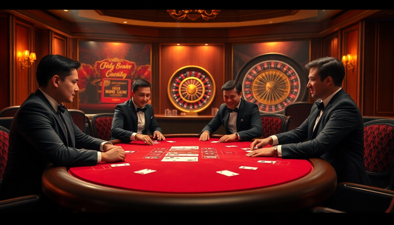 Players enjoying high-stakes poker at https://mm88.moe/, surrounded by vibrant casino ambiance.