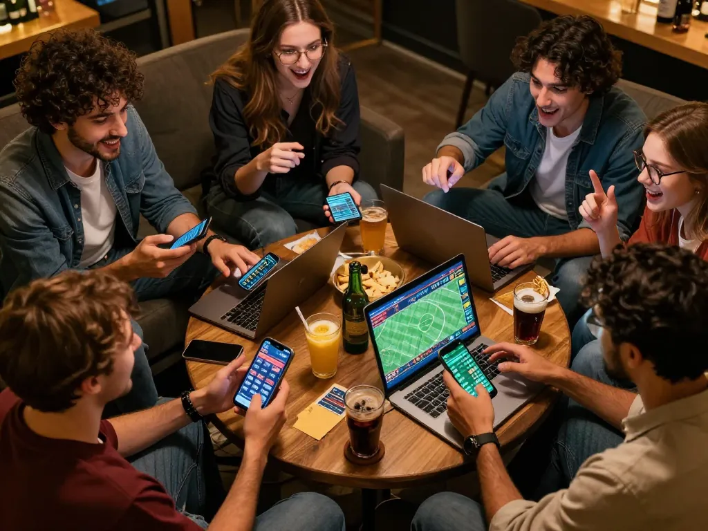 F168 players discussing sports betting odds on their smartphones in a lively home setting.