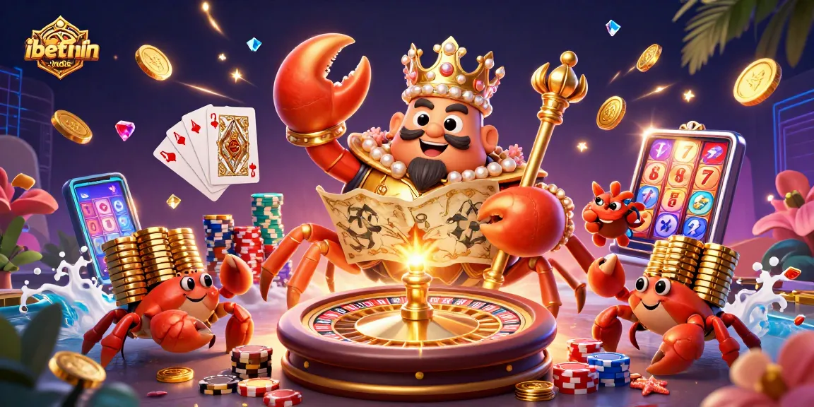 Engage in thrilling gaming adventures at ibetin-india with a golden crab emperor illustration, showcasing vibrant casino action.