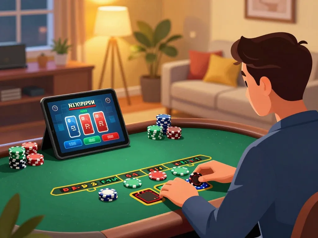 123B player engaging in live dealer blackjack, showcasing responsible gaming habits in a cozy home setup.