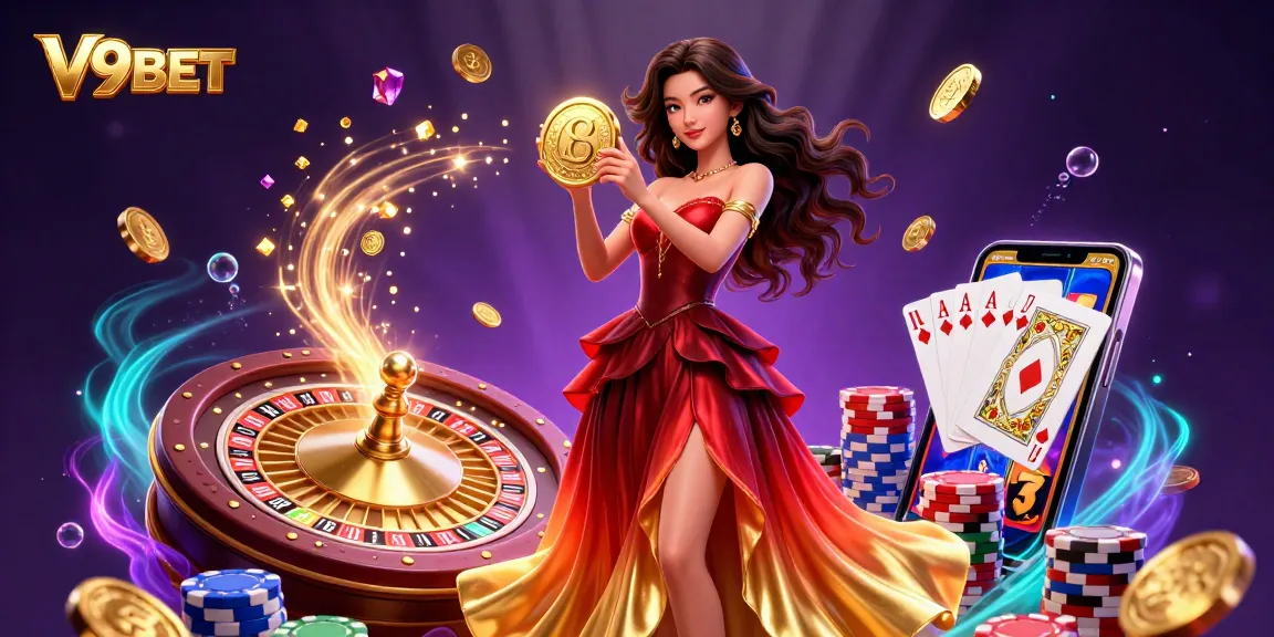 Experience the excitement of V9BET with a glamorous scene of a woman showcasing golden coins and casino elements.