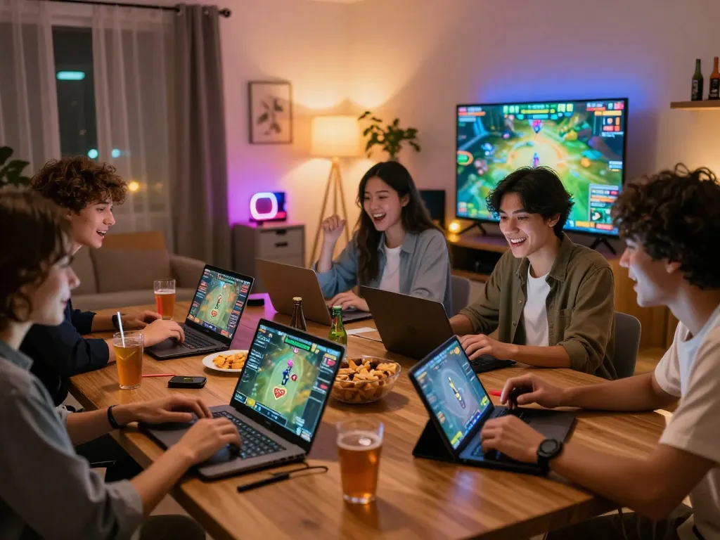 Engaged group playing rik vip online card games in a vibrant setting.